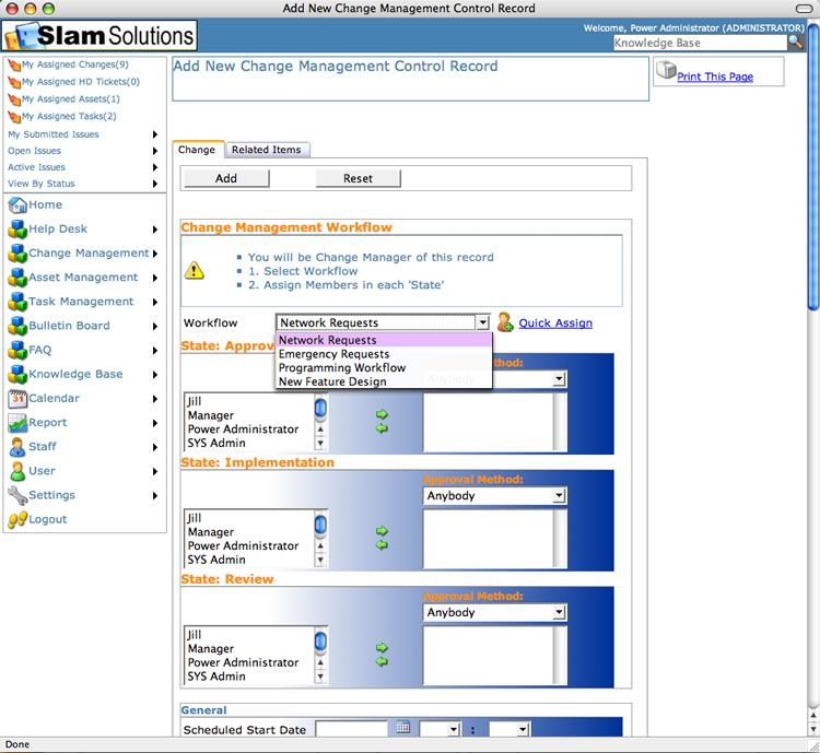 screenshot of SLAM Change Management Control